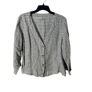 Flax Linen Cropped Black White Plaid Jacket Blouse Size Small Long Sleeve #Z5-6